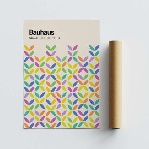 Colorful Bauhaus poster print with a Weimar 1923 date and geometric floral repetition.