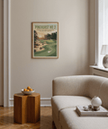 Showing Pinehurst Golf Course Art Print poster with Pinehurst No. 2 text, sunrise sky, and pine tree silhouettes
