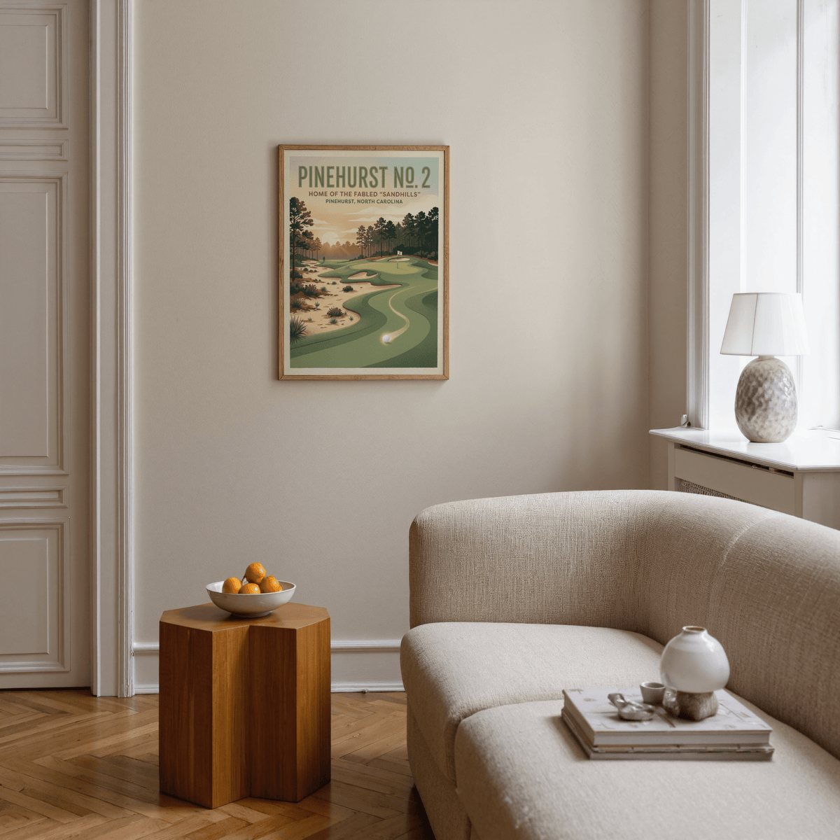 Showing Pinehurst Golf Course Art Print poster with Pinehurst No. 2 text, sunrise sky, and pine tree silhouettes