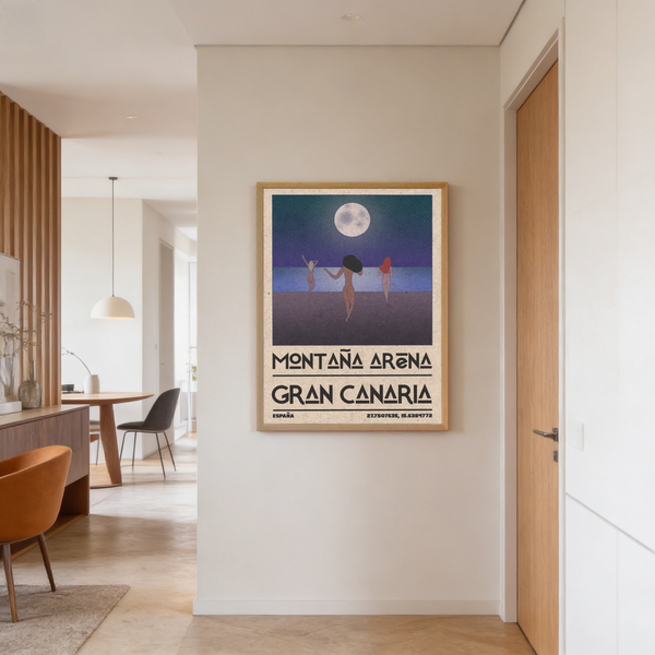 Vintage travel poster featuring nude silhouettes and graphic wave patterns