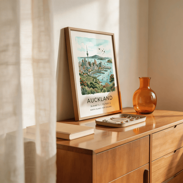 Watercolor depiction of Auckland harbor with sailboats and skyscrapers