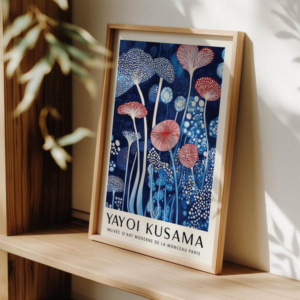 Mushroom art print showcasing tall fungi and circular organic patterns.