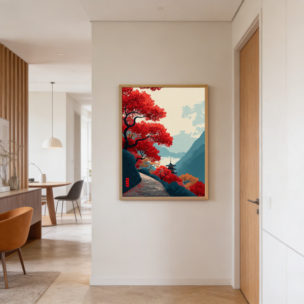 Zen Mountain Poster styled on gallery wall beside neutral decor