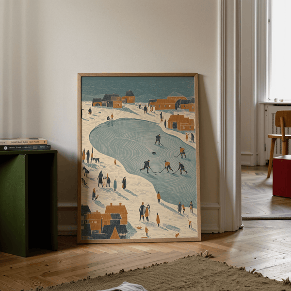 Beige and White Hockey Winter Art Print suited for a sports-themed rec room
