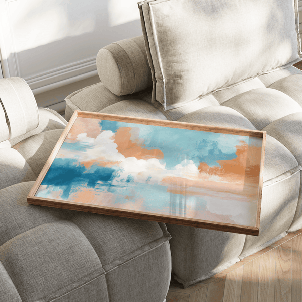 art print of blue pink abstract painting in Blue, Pink, Orange, White colors for hallway