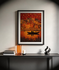Indian Sunset Wall Art print of a waterfront city band mirrored in rippling orange water