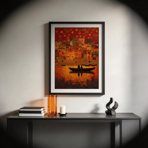Indian Sunset Wall Art print of a waterfront city band mirrored in rippling orange water
