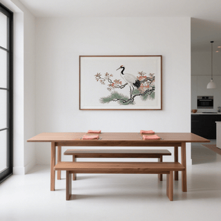 Graceful crane wall art print on cherry blossom branches with fine ink linework