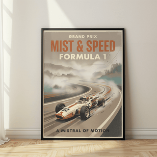 Racing Vintage Poster showing a Formula 1 car number 22 drifting through a curved road in fog