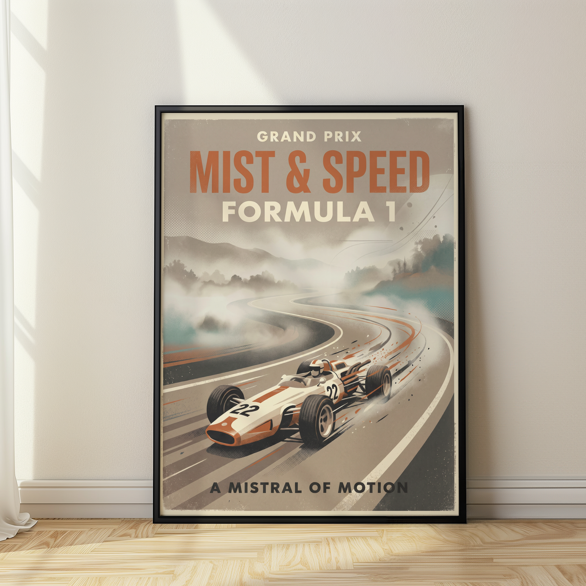 Racing Vintage Poster showing a Formula 1 car number 22 drifting through a curved road in fog