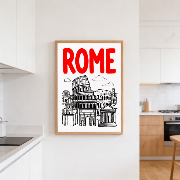 Line art poster of Rome with triumphal arch, temple facade, and subtle border