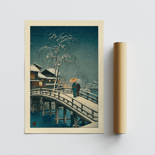 Side angle photo highlighting tree silhouette and snowflake pattern in the artwork