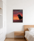 Side-view lion artwork framed by layered clouds at twilight