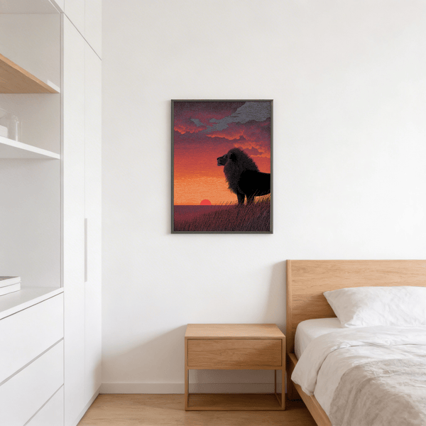 Side-view lion artwork framed by layered clouds at twilight