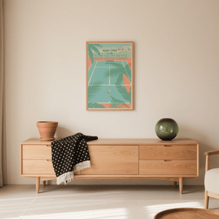 Angled view of retro event poster with tennis court geometry and large MIAMI BEACH TENNIS lettering