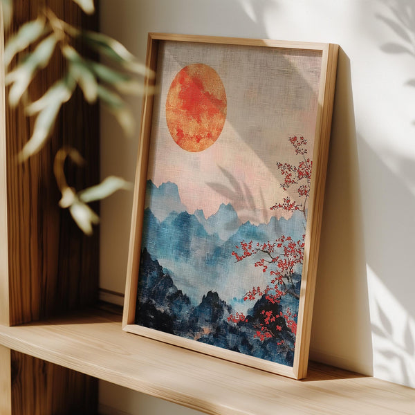 Japanese Mountain Art featuring minimalist cherry blossoms and mist-covered peaks.