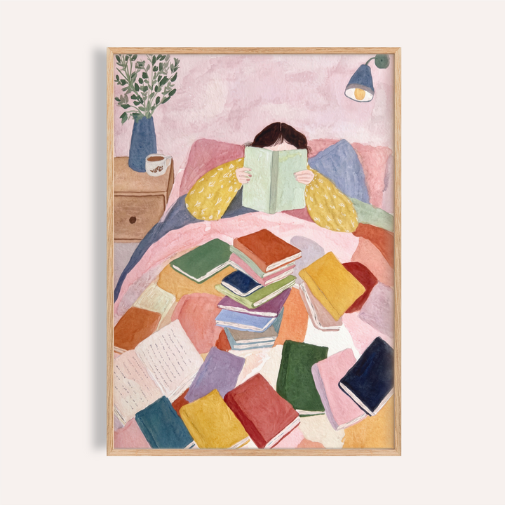 Painted woman reading in bed poster with stacks of books on a quilt