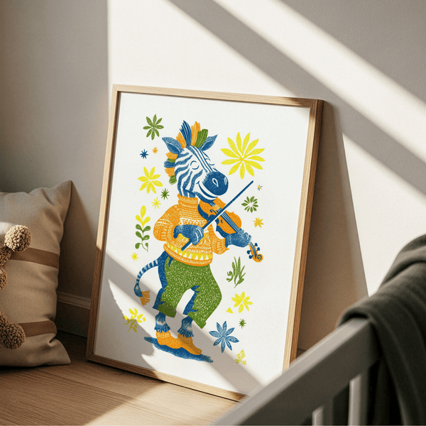 Zebra Playing Violin Poster for nursery with multicolored cheerful decor