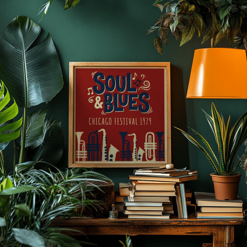 Soul Blues Festival Art in Red, Blue, Beige for eclectic den wall art