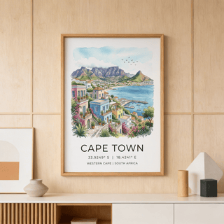 Illustrated Cape Town wall art poster showing colorful hillside buildings and coastal harbor