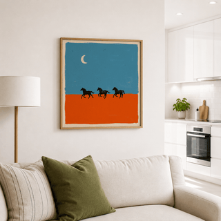 Horse Silhouette Wall Art poster with three horses on a flat horizon and open sky