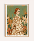 Floral Girl Illustration art print in green, beige, and white for bedroom wall decor