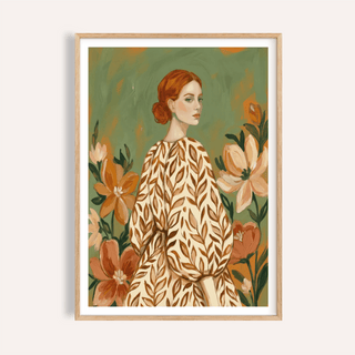 Floral Girl Illustration art print in green, beige, and white for bedroom wall decor