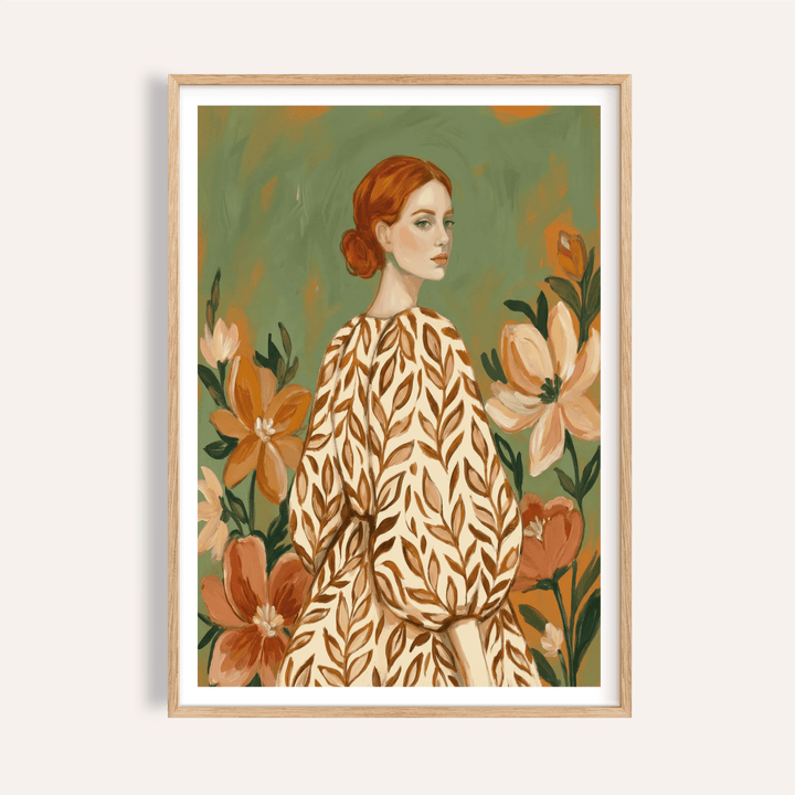 Floral Girl Illustration art print in green, beige, and white for bedroom wall decor
