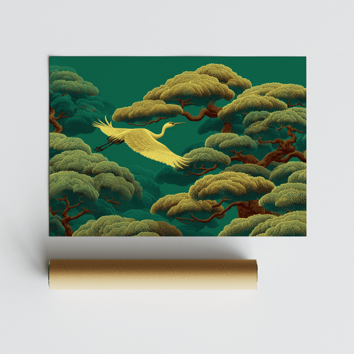 White Crane Artwork, serene home office, green and white wall art