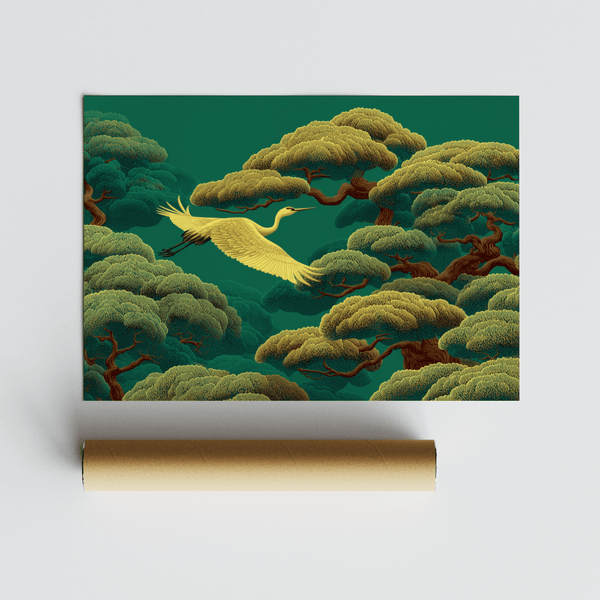 White Crane Artwork, serene home office, green and white wall art