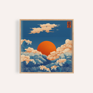 Square Prints for Wall framed print of orange sun over blue ocean waves in japanese-ink style