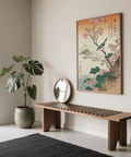 Japanese Cherry Blossom Art featuring bluebird, orange sky, and green leaves for hallway print
