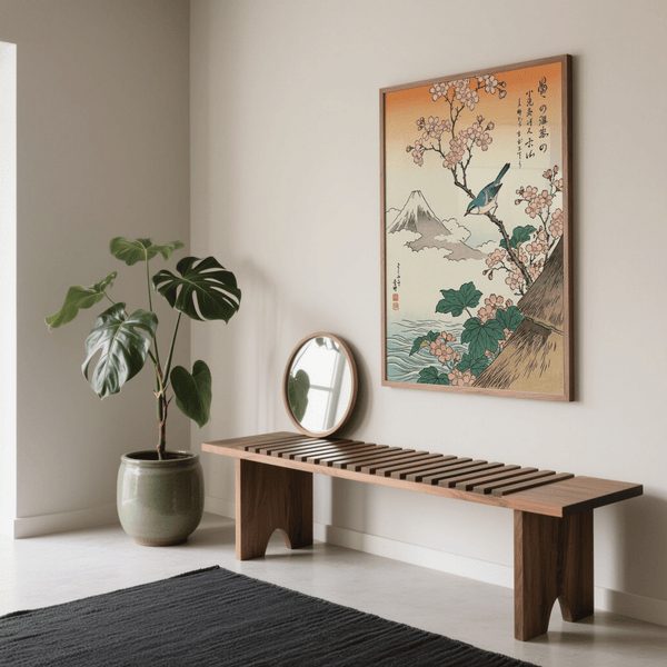 Japanese Cherry Blossom Art featuring bluebird, orange sky, and green leaves for hallway print