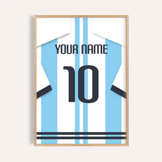 Front view of Custom Argentina Shirt Poster with vertical blue and white stripes and number 10