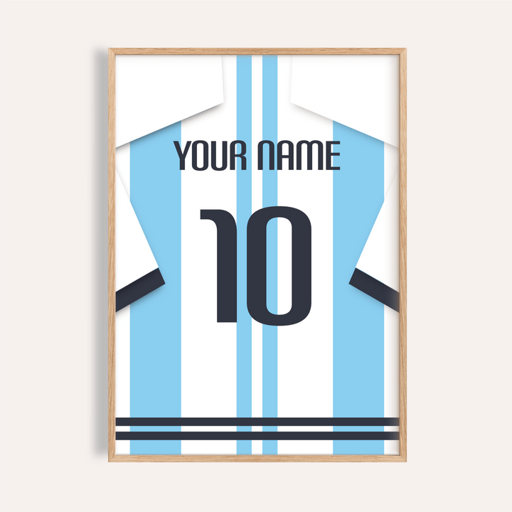 Front view of Custom Argentina Shirt Poster with vertical blue and white stripes and number 10