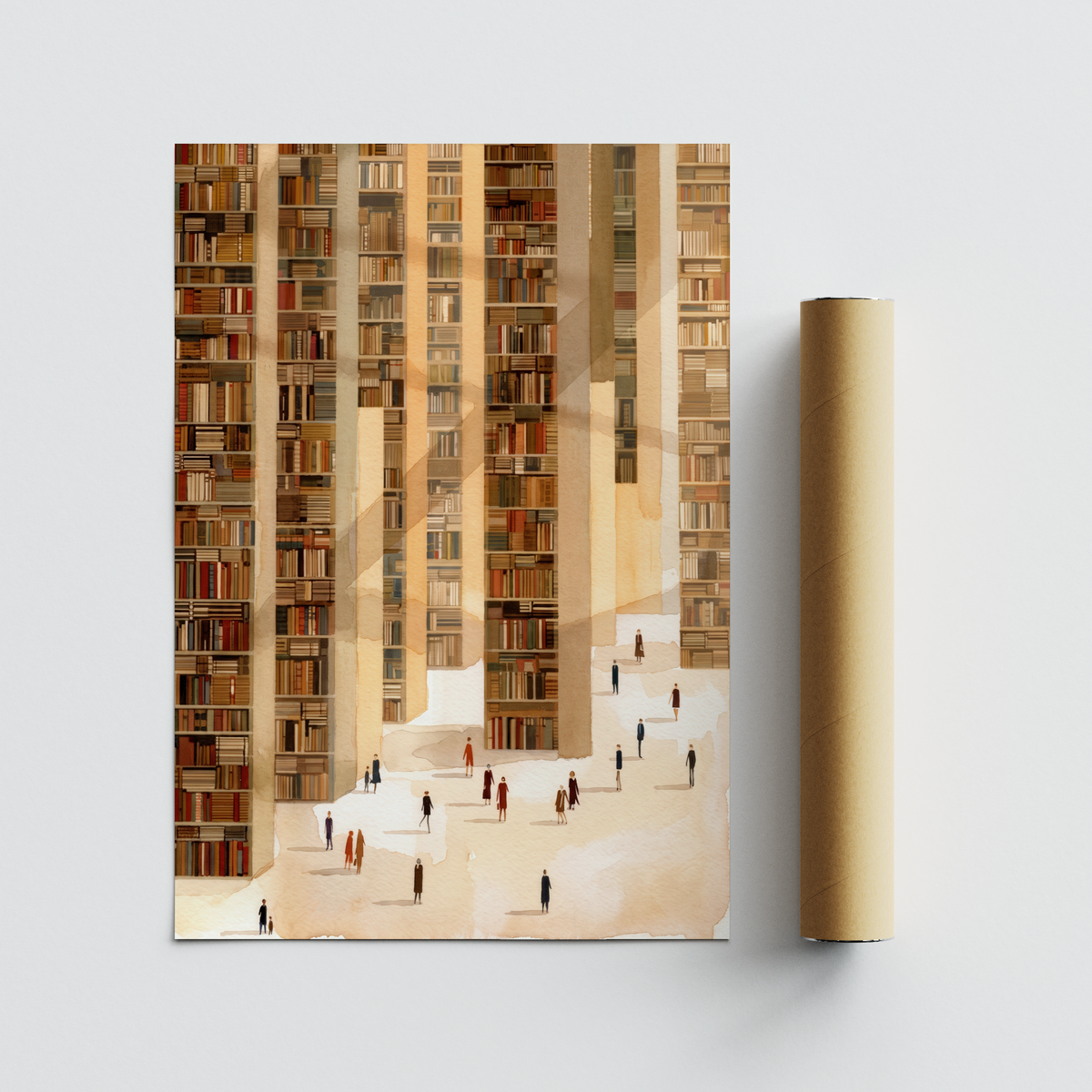 Library Art Print featuring tall shelves of books and a spacious hall