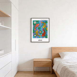 Vibrant Koi Fish Wall Art poster showing three koi fish and lotus flowers on patterned water