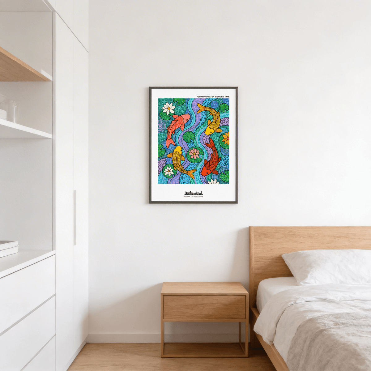 Vibrant Koi Fish Wall Art poster showing three koi fish and lotus flowers on patterned water