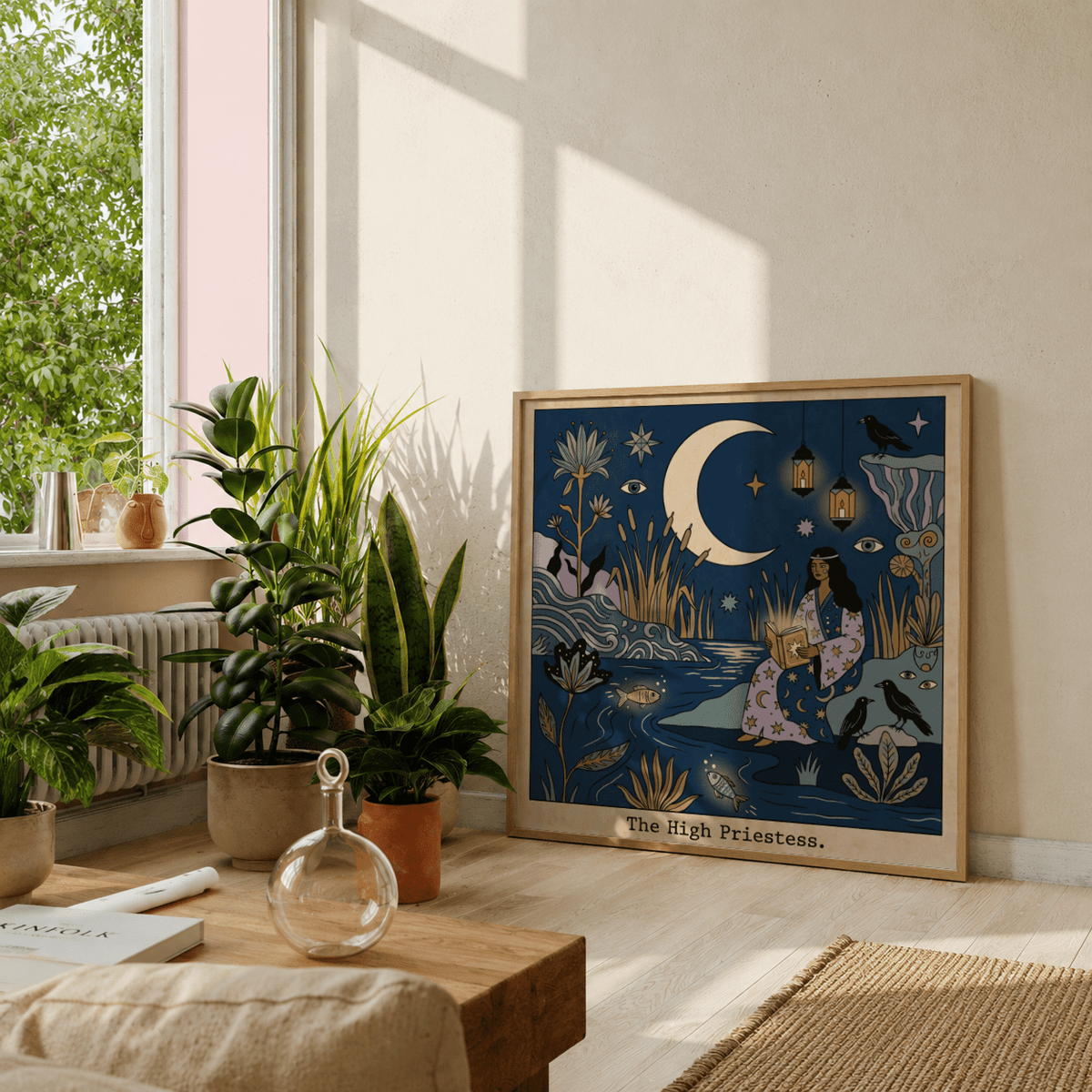 Storybook-style tarot poster showing High Priestess beside a river
