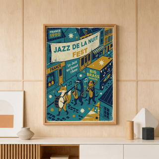 Close-up poster print showing Jazz de la Nuit Fest typography across the street banner