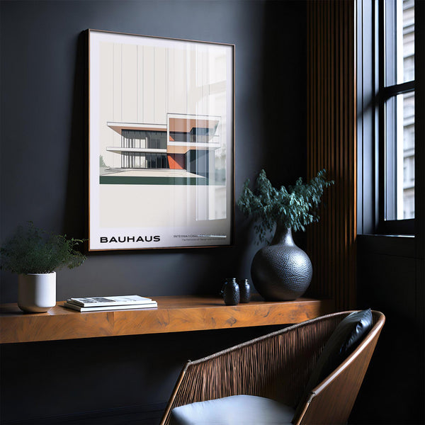 Minimalist house with balconies in Bauhaus architecture poster style.