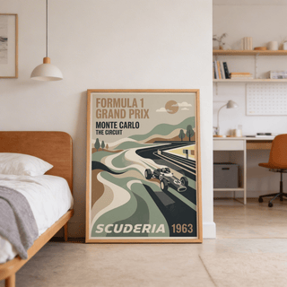 Classic race car print with car 18 in foreground, curved track lines, and “Scuderia 1963” lettering