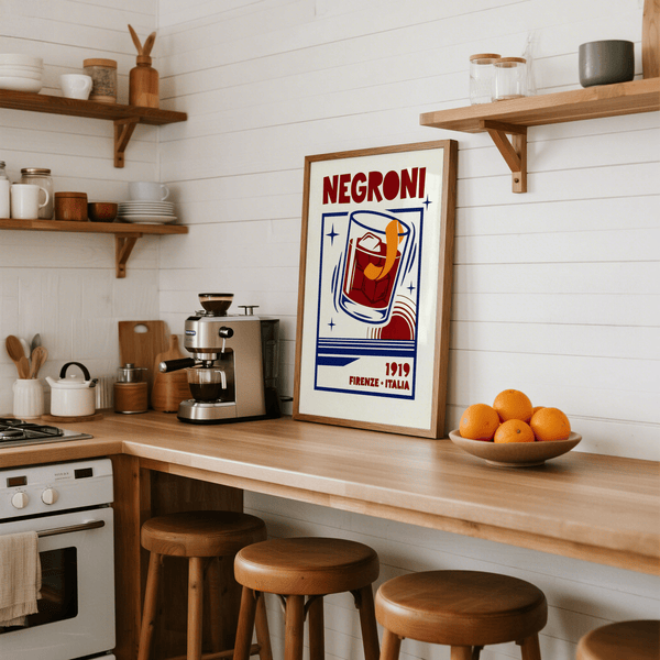 Retro kitchen Negroni Cocktail Print in Red Orange Blue as art print