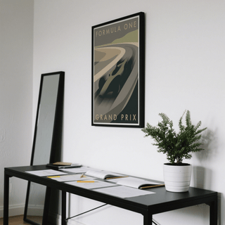 Full composition racing wall art print with central car motif and layered track bands