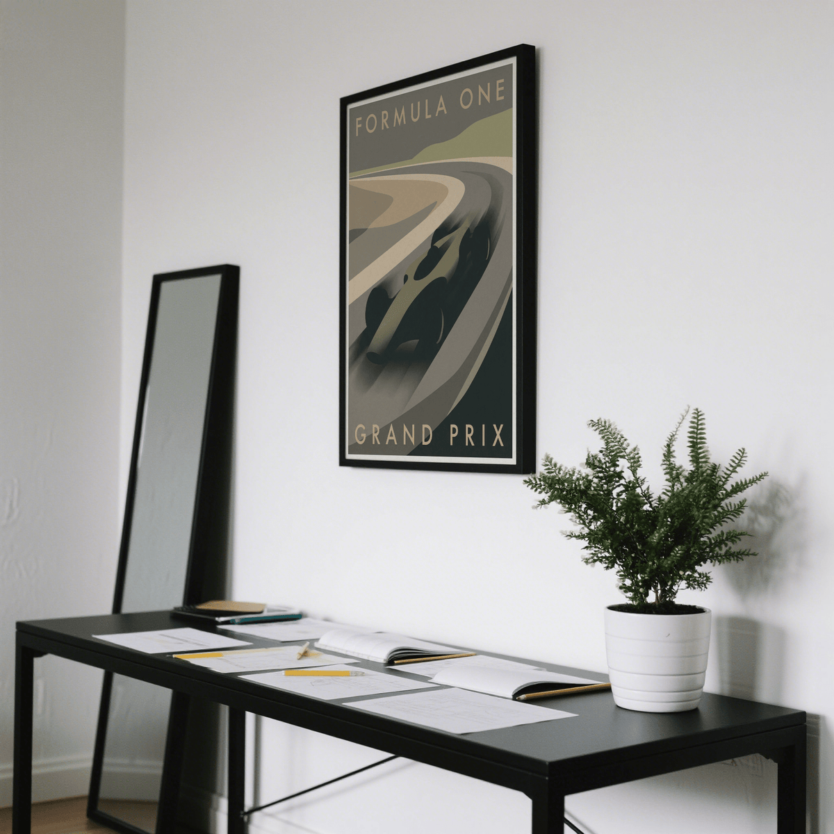 Full composition racing wall art print with central car motif and layered track bands