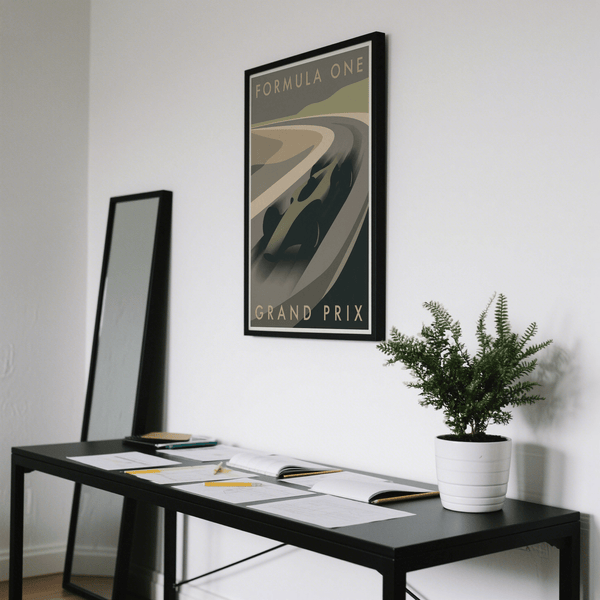 Full composition racing wall art print with central car motif and layered track bands