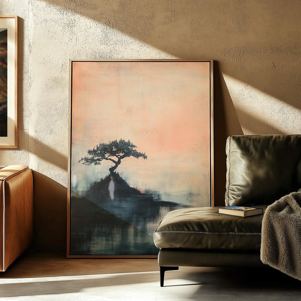Japanese abstract art print with serene reflections and a lone tree.