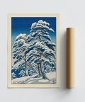 Textured shading detail on pine needles and snow caps in winter landscape poster