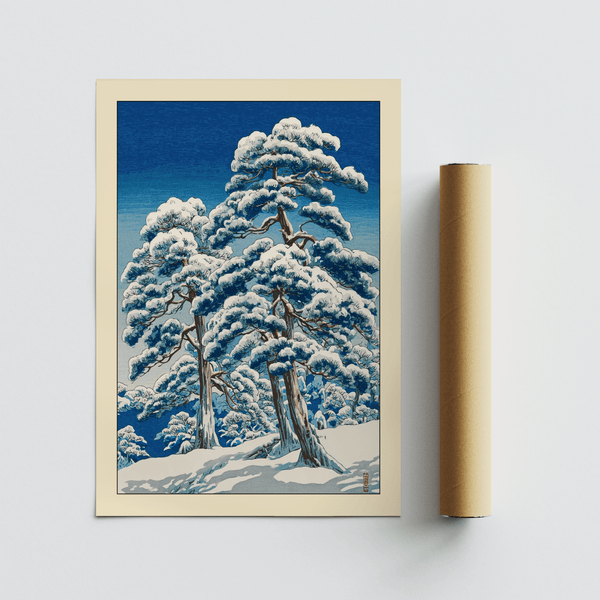 Textured shading detail on pine needles and snow caps in winter landscape poster