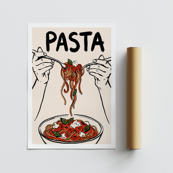 Vibrant Pasta Art Print with Black lines and Red highlights for dining room